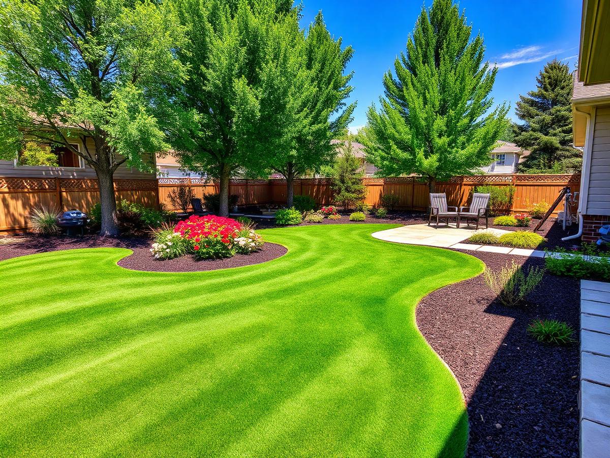 A beautifully landscaped Colorado backyard with manicured lawn, mulch beds, and a flagstone patio